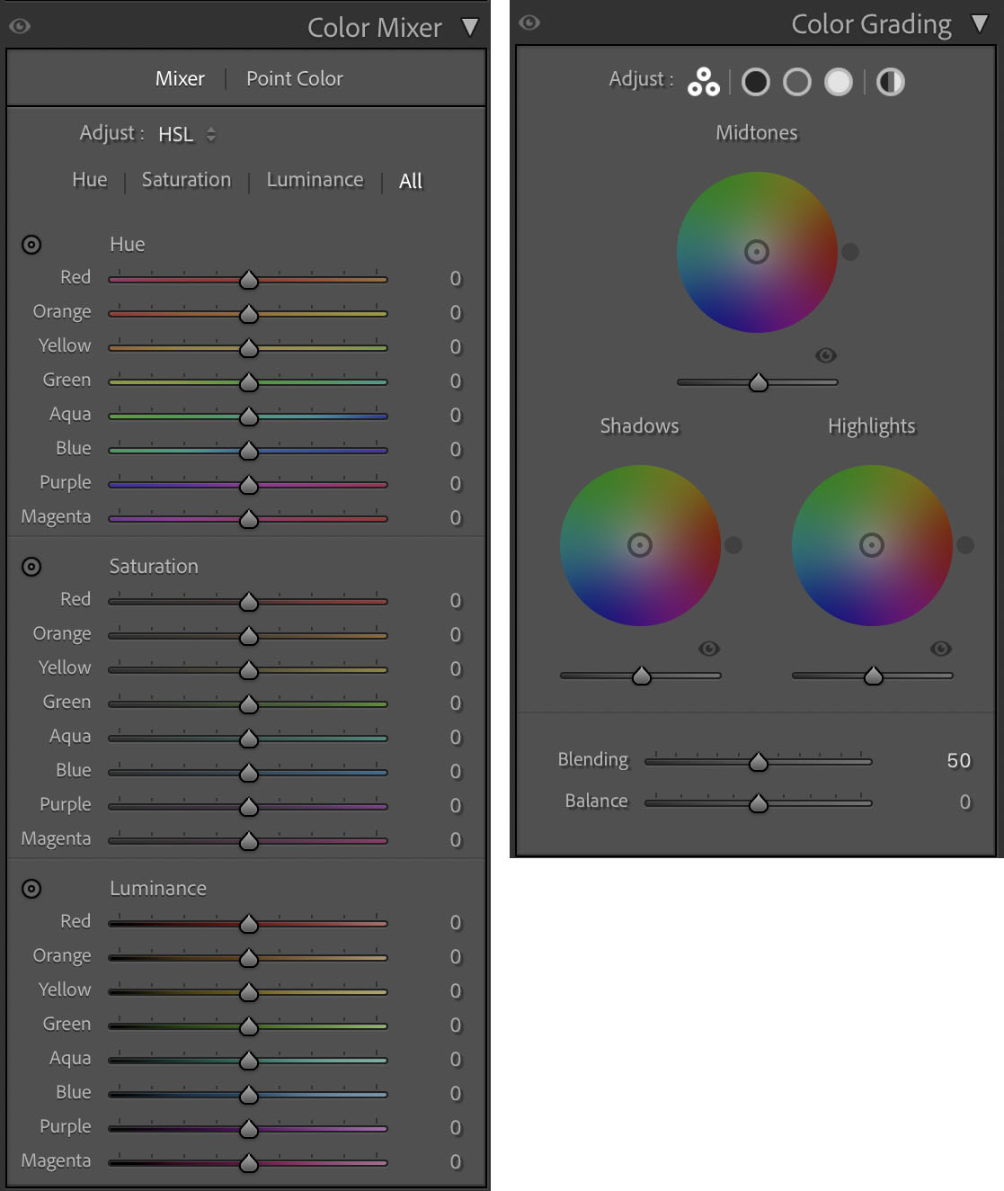 Lightroom colour mixer and colour grading panels.